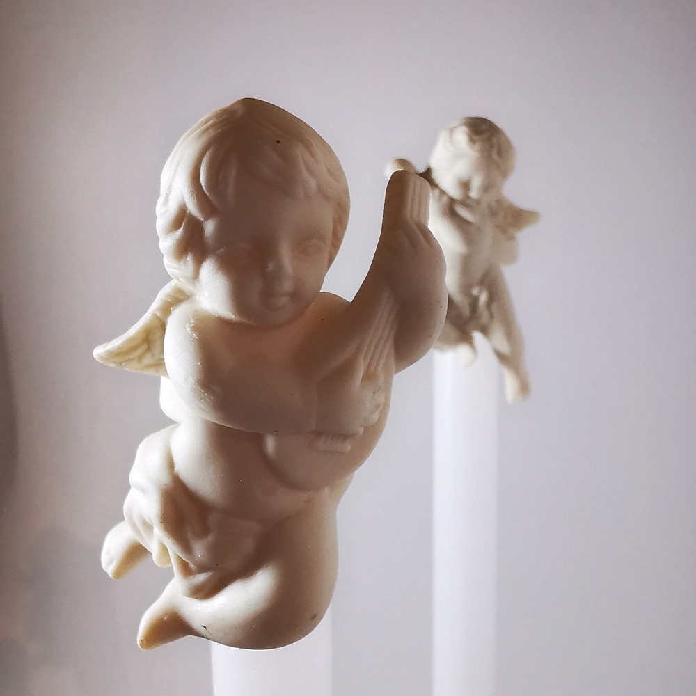 Pair Vintage Partylite Bisque Porcelain Cherub Angel Candle Followers / Huggers